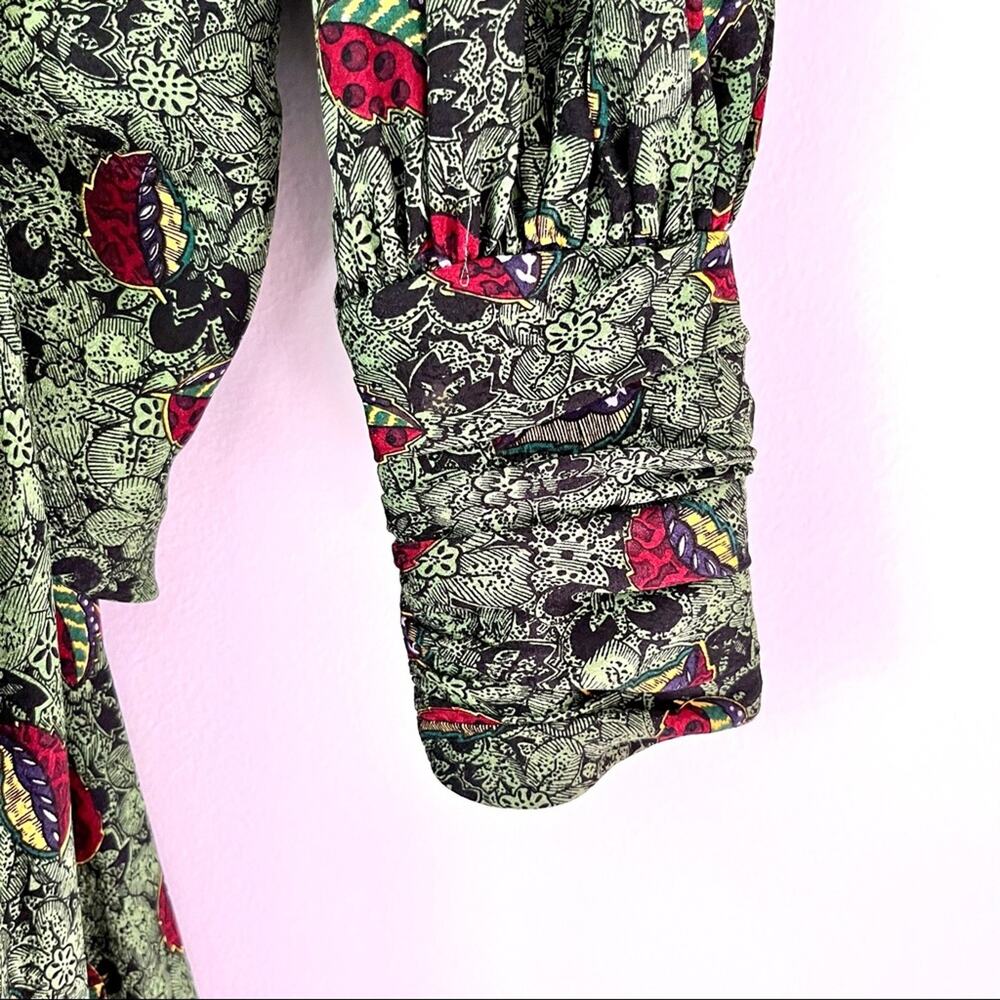 Vintage Stanley Platos green multi floral wrap tie waist blouse size 4 - Picture 2 of 13